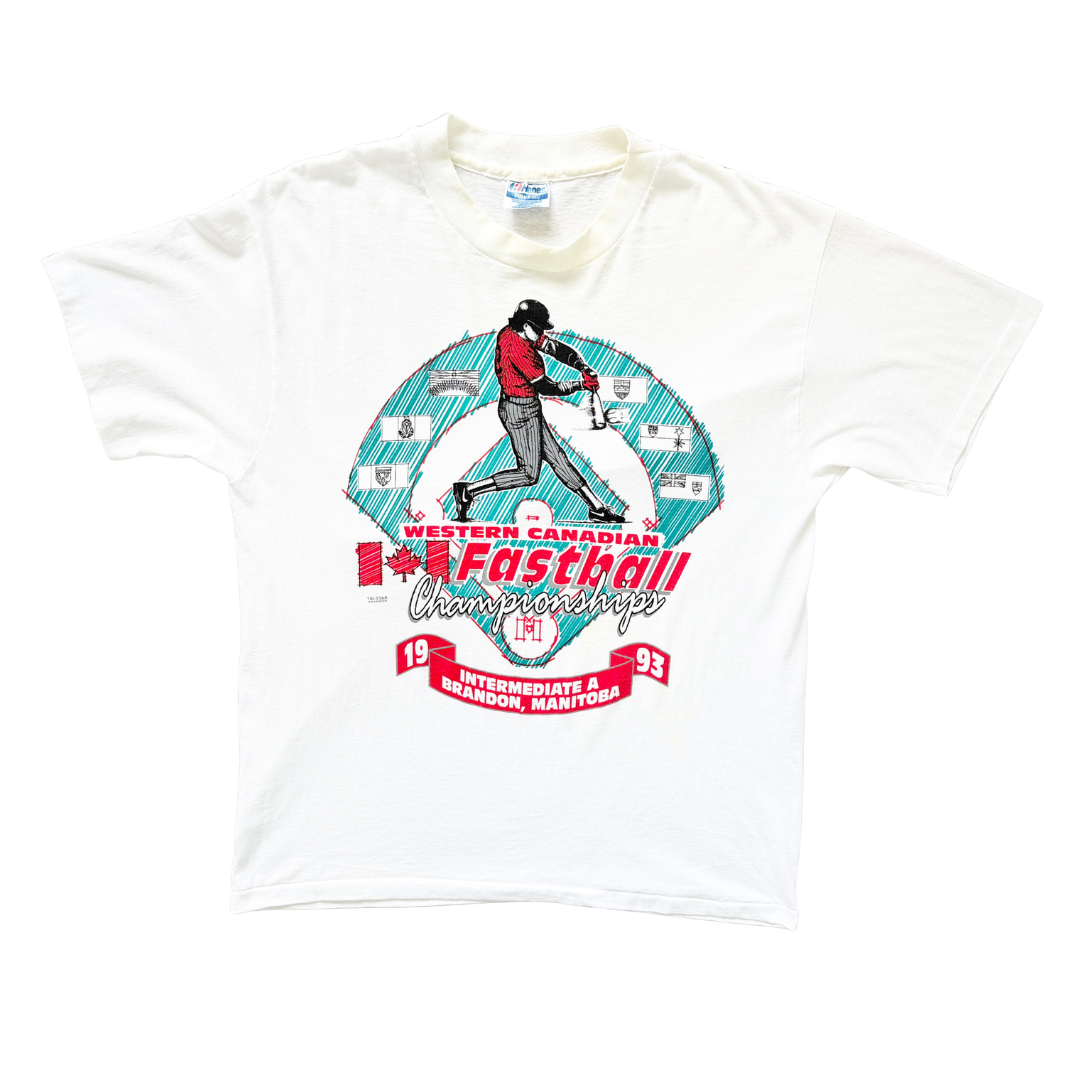 Vintage 1993 Intermediate A Western Canadian Fastball Championships, Brandon, Manitoba White Cotton Blend Crewneck T-Shirt Hanes Fifty-Fifty