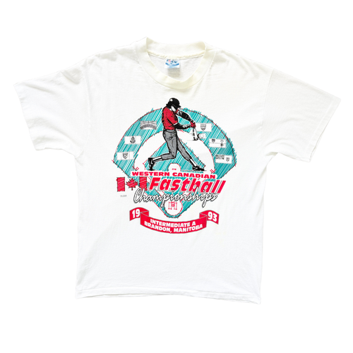 Vintage 1993 Intermediate A Western Canadian Fastball Championships, Brandon, Manitoba White Cotton Blend Crewneck T-Shirt Hanes Fifty-Fifty