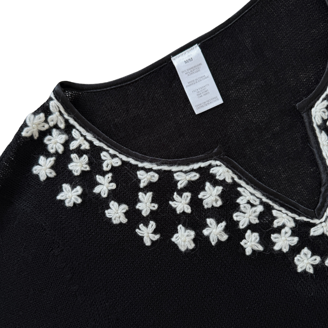 Black Ramie Blend Sweater with White Embroidered Flowers | Medium