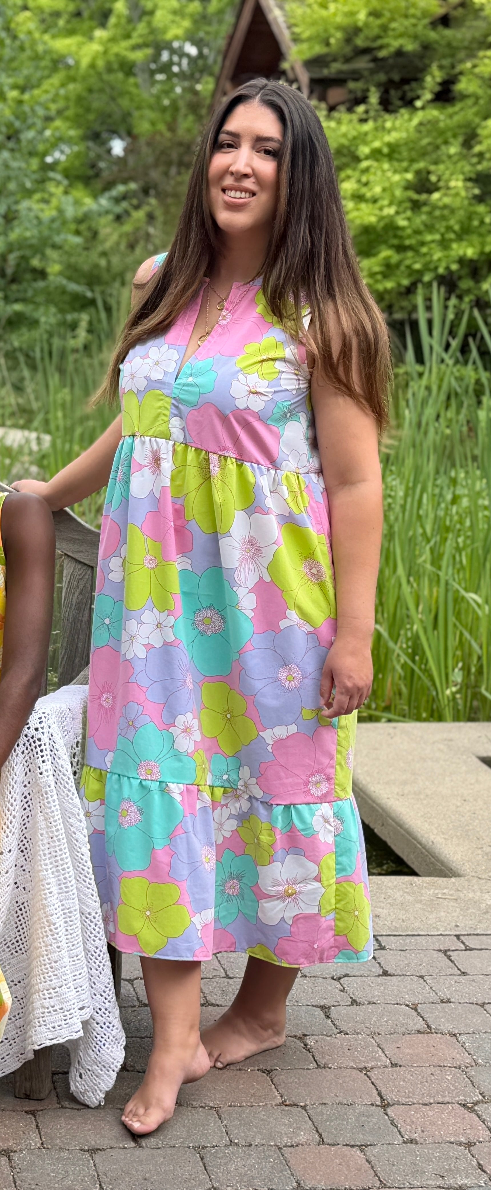 Recycled Bright Pastel Floral Ruffled Midi Play Dress | 2XL