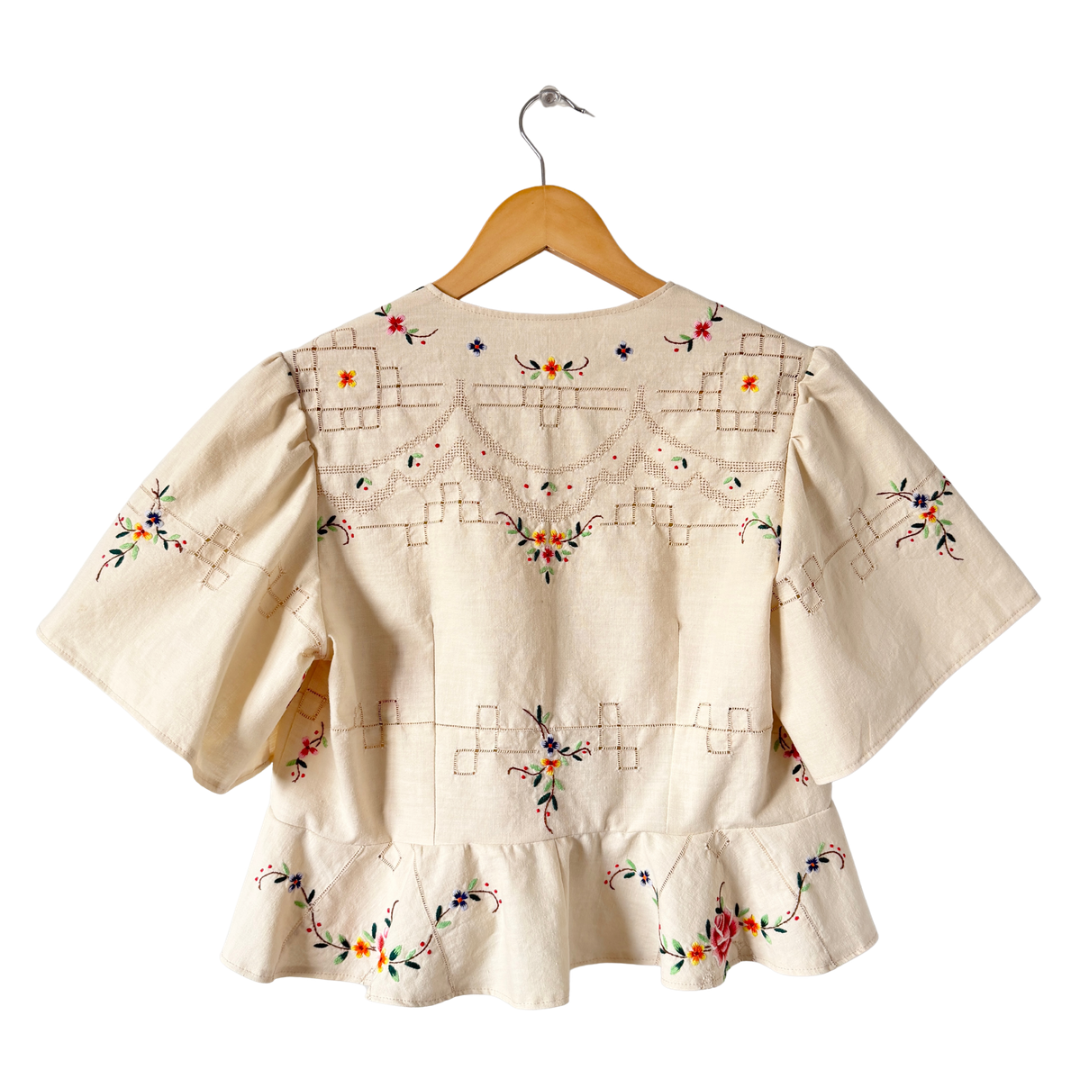Recycled Multi-Coloured Floral Embroidered Peplum Blouse | Medium