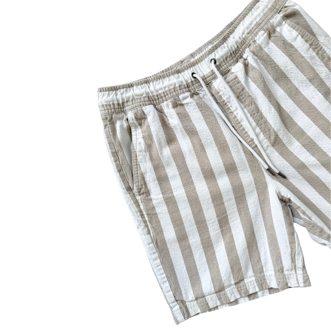 Huffer Beige and White Striped Cotton Bermuda Shorts | Small