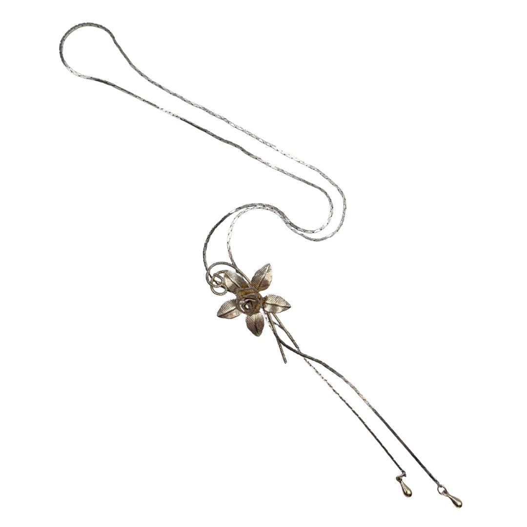 Vintage gold tone floral (rose and leaves) lariat necklace 