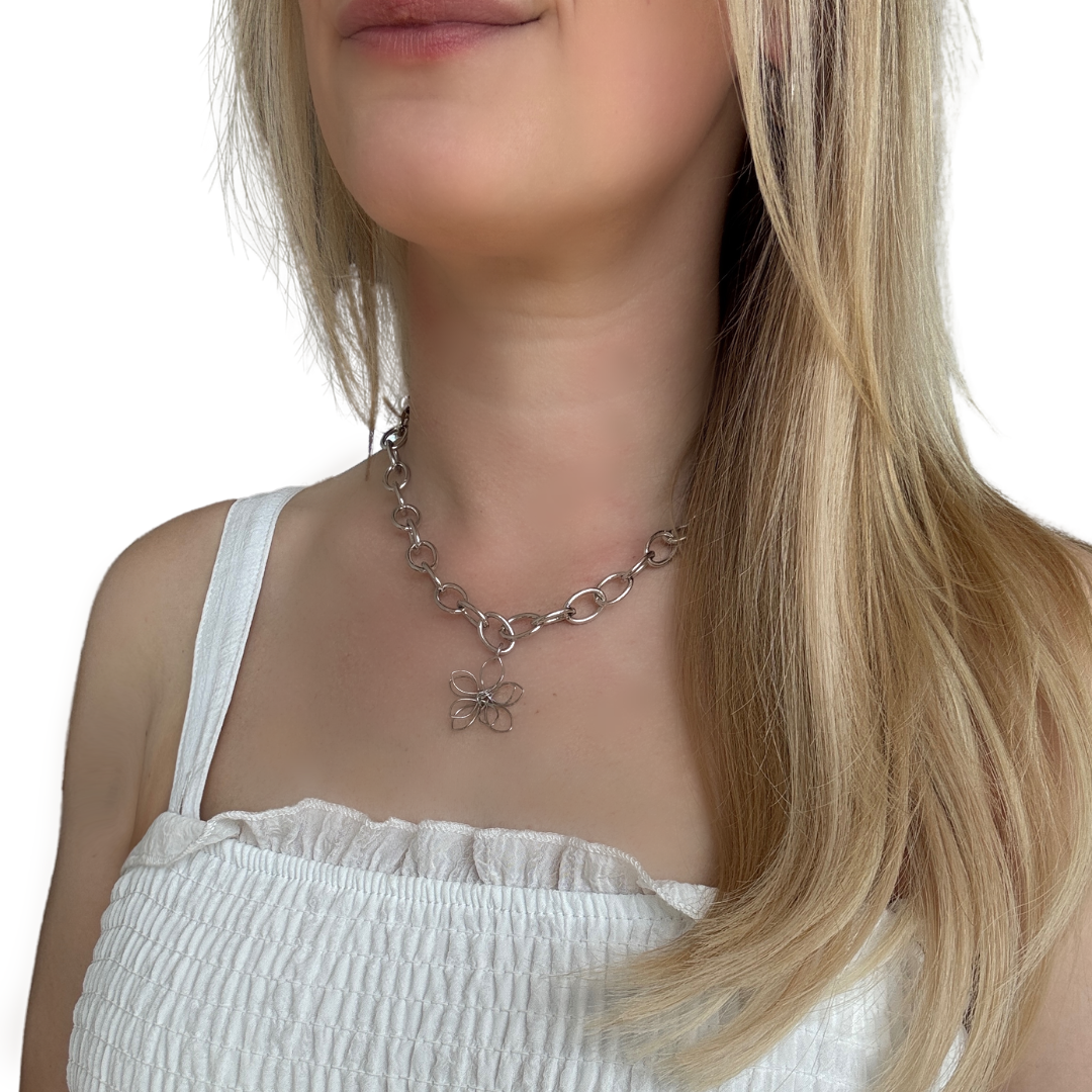 Upcycled Chunky Chain Necklace with Wire Flower Pendant