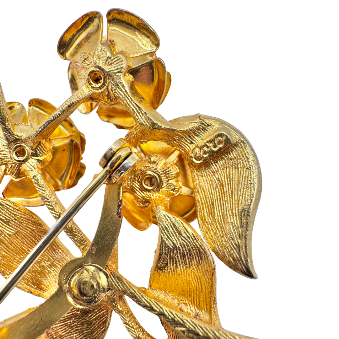 Vintage Signed Coro Goldtone Floral Brooch and Earring Set |1980s
