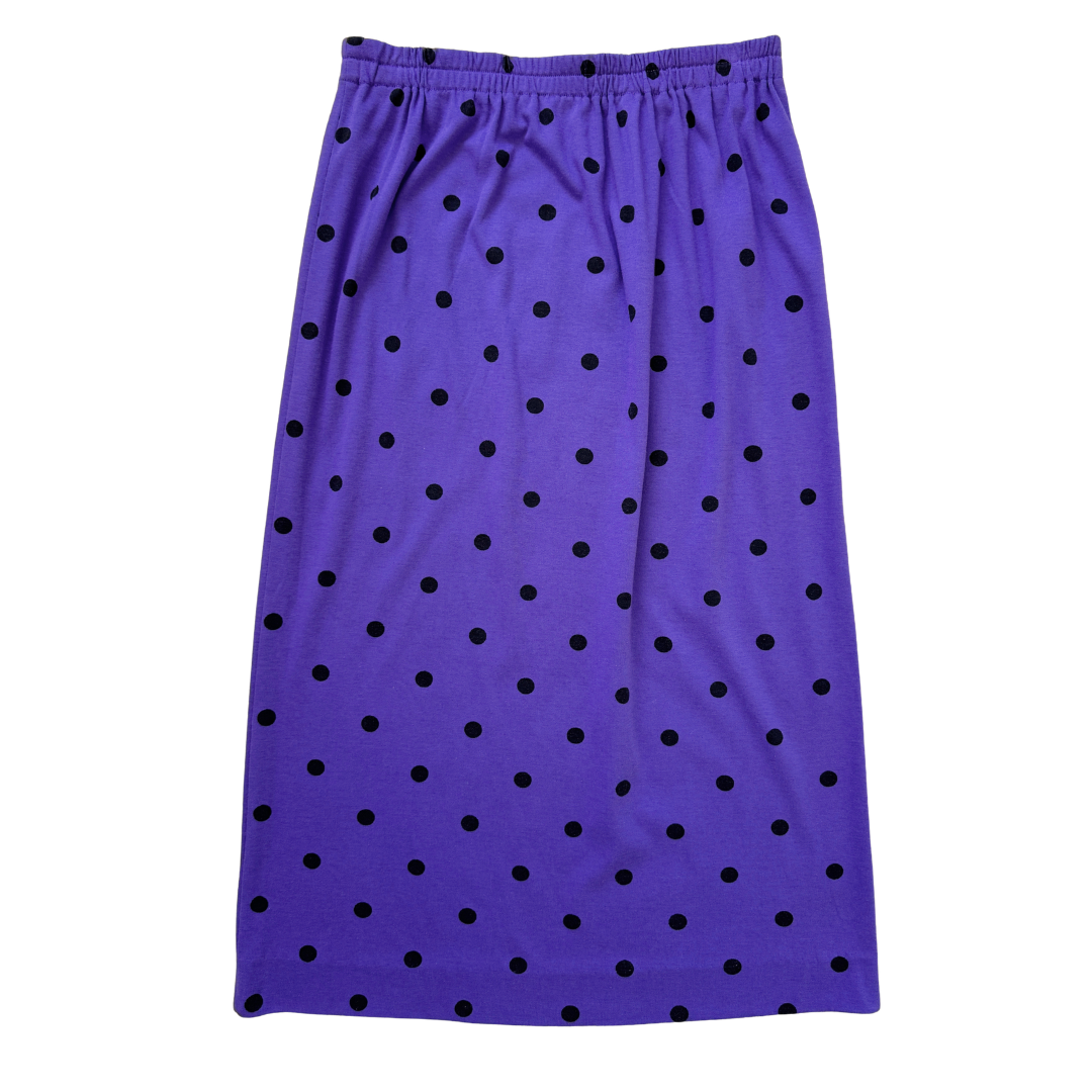 Vintage 80s Purple Cotton Midi Skirt with Large Black Polka Dots | Medium