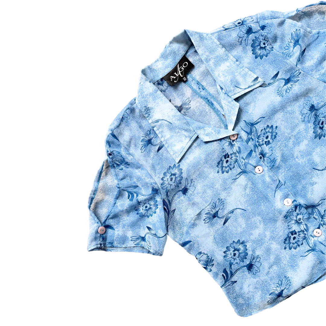 Algo Sheer Blue Floral Blouse with Slits | Medium