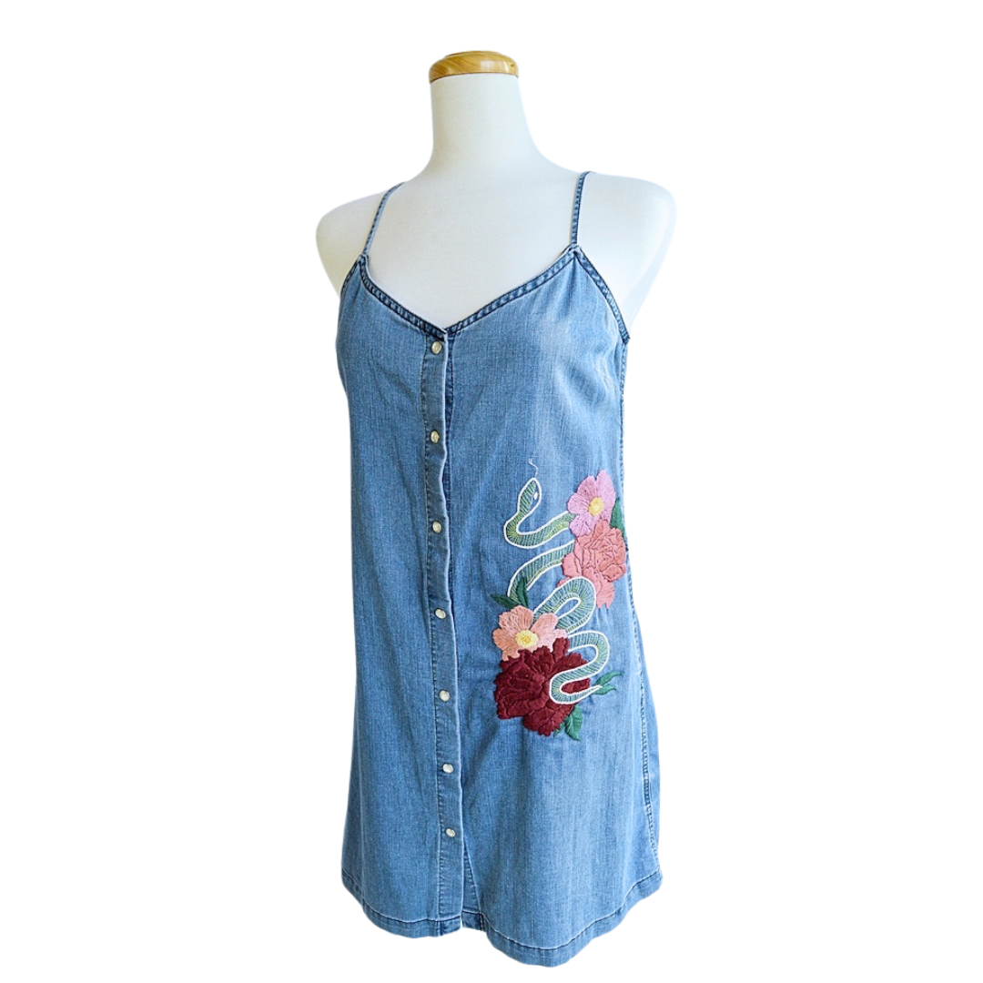 Up-cycled Snake and Flowers Denim Dress | Medium
