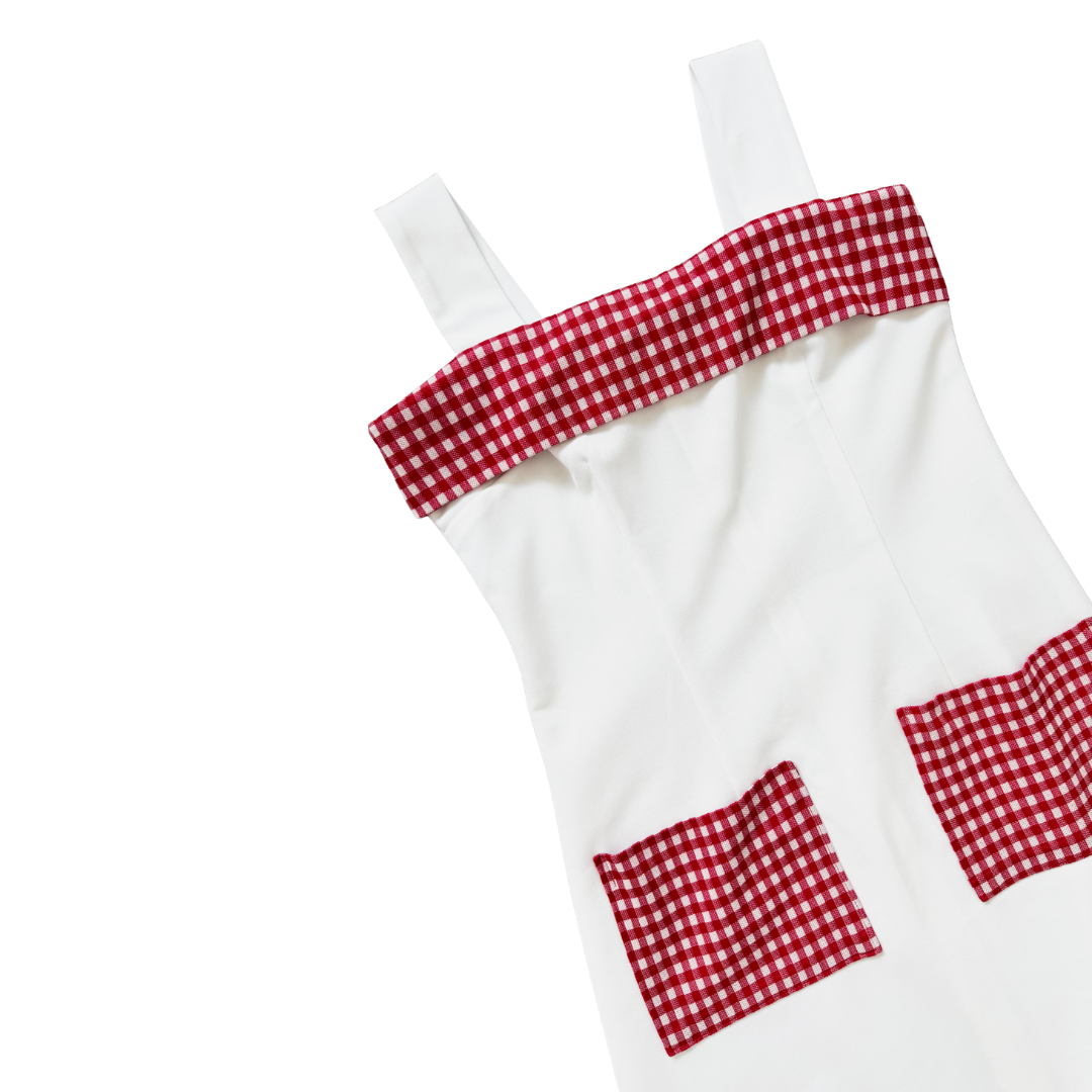 70s White Fortrel Sleeveless Dress with Red and White Gingham | Small