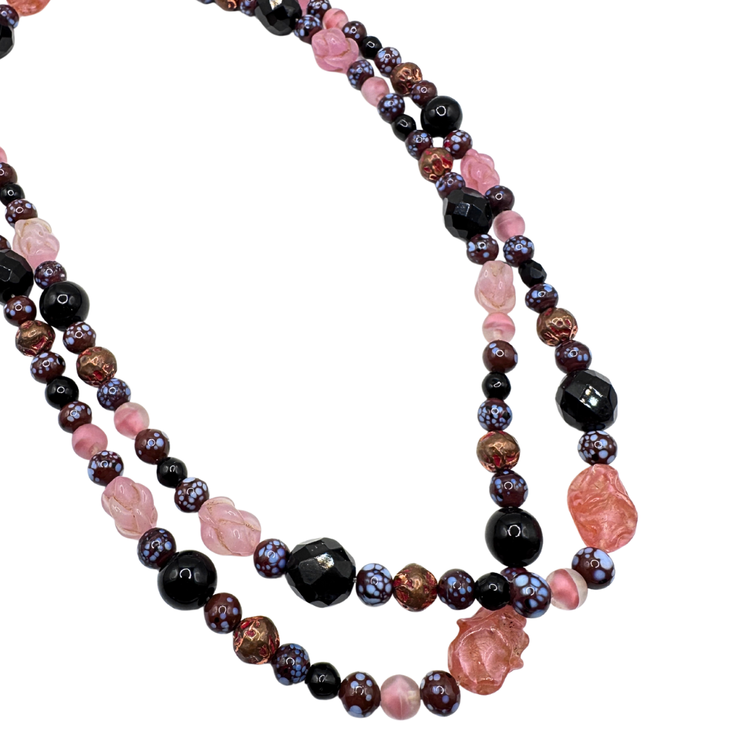 Pink, Black and Marbled Glass Bead Necklace