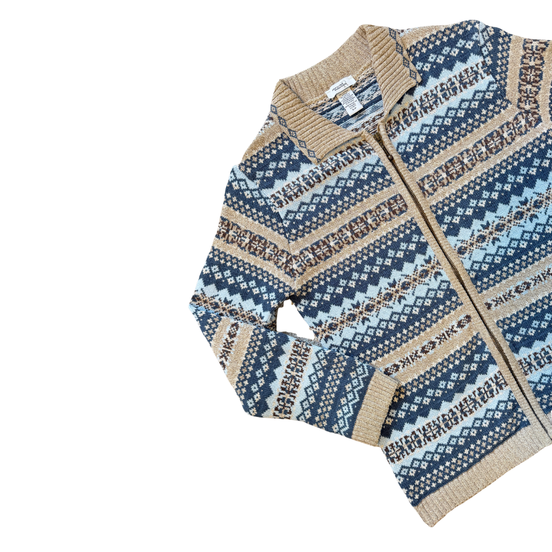 Northern Reflections Blue and Beige Faire Isle Cotton Blend Cardigan | Small