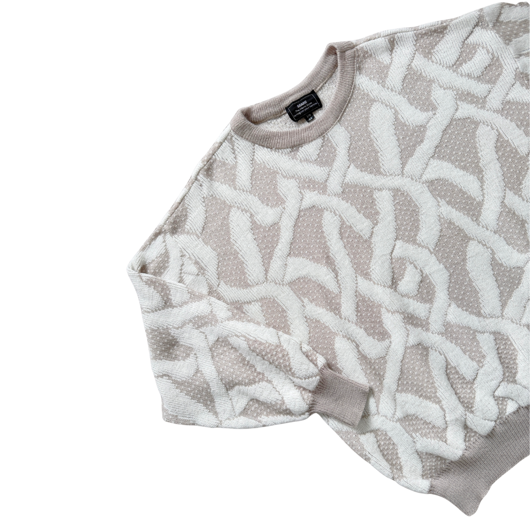 Men's Sears White and Beige Geometric Knit Crewneck Sweater | Large