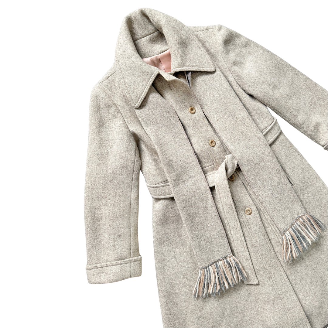 Sterling Stall Beige Wool Belted Trench Coat with Scarf | Small- Medium