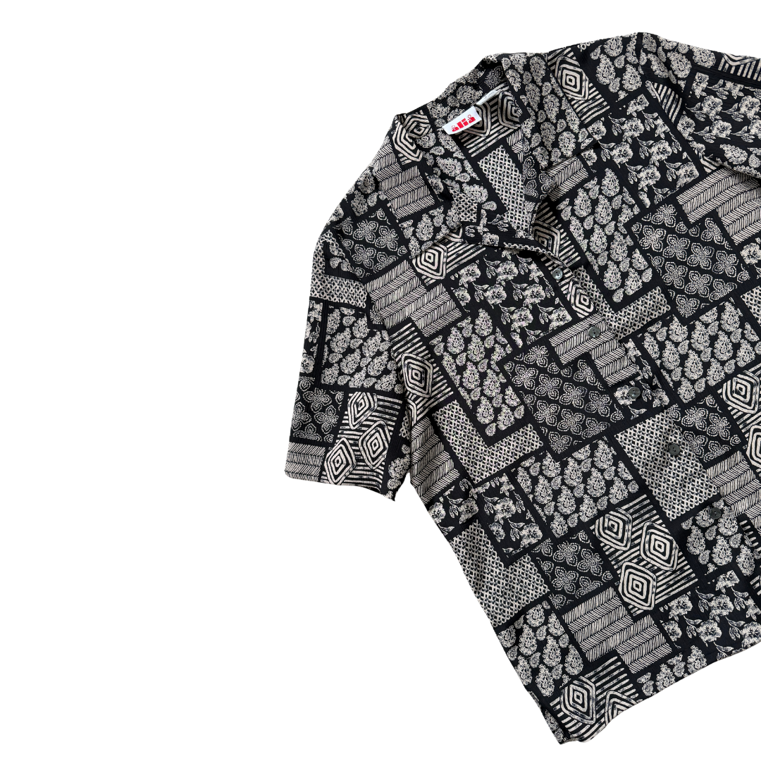 Alia Black and Beige Floral and Geometric Print Blouse | Large / Extra-Large