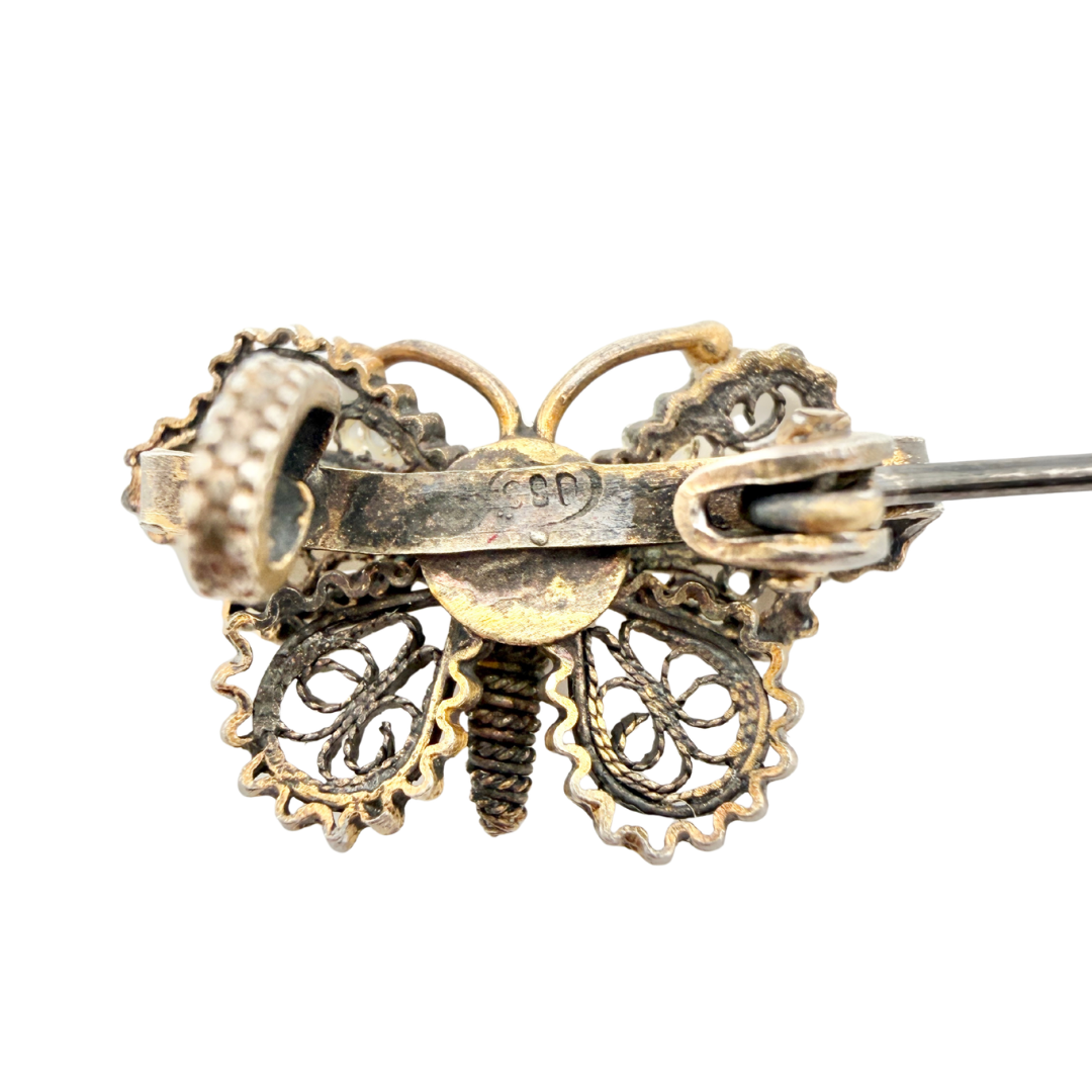 Antique Art Deco Silver Plated Filigree Mini Butterfly Brooch