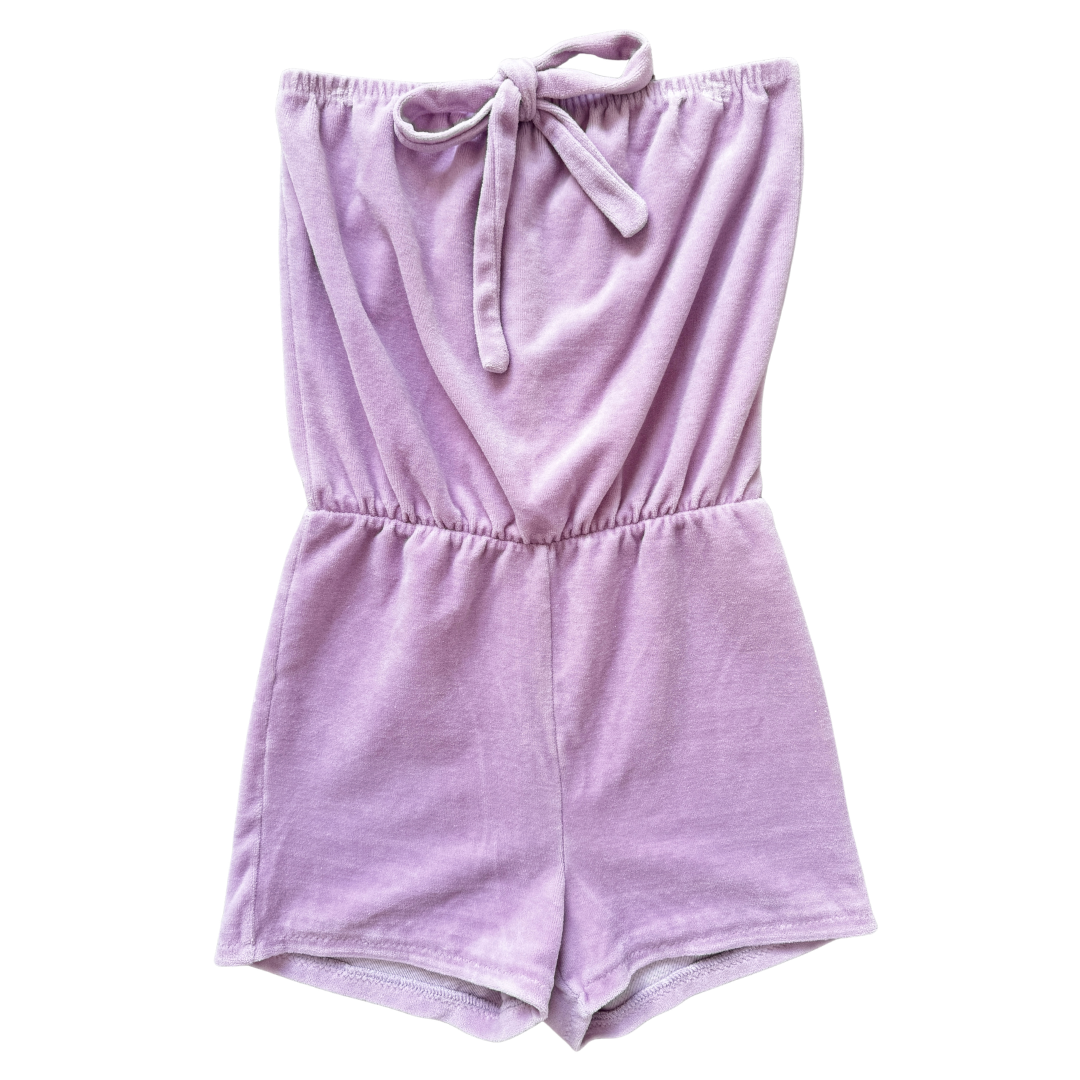 Vintage 70s - 80s Pastel Purple Strapless Terry Romper with Bow | Small - Medium