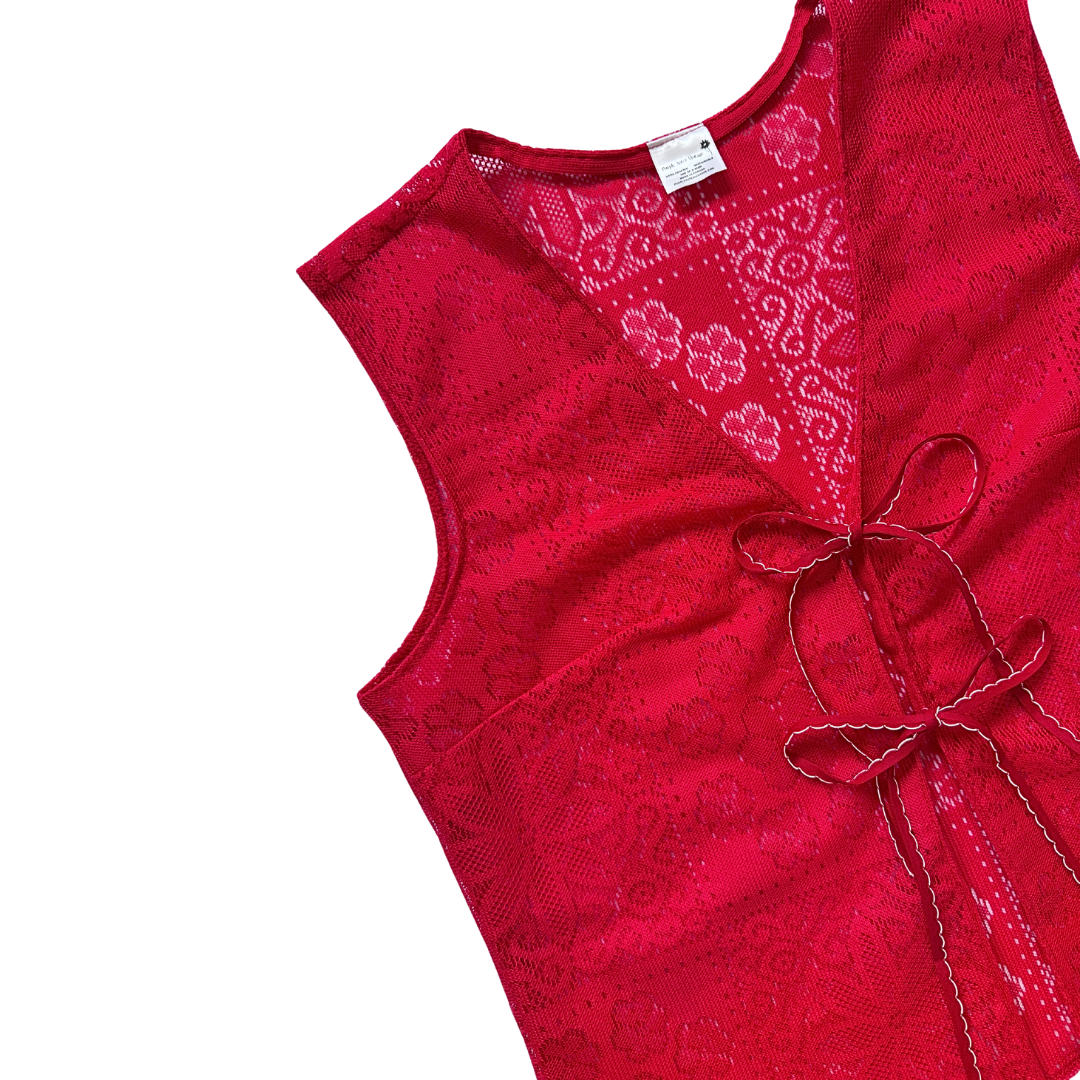 Recycled Red Floral Lace Tie-Front Vest | Large