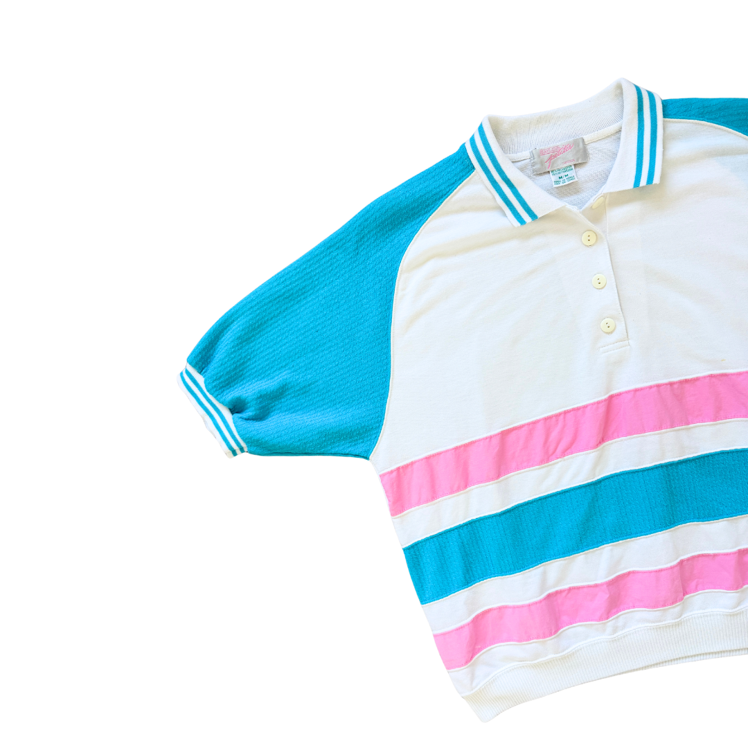 Bay Club Petites Pink and Blue Pastel Polo Shirt | Medium - Large