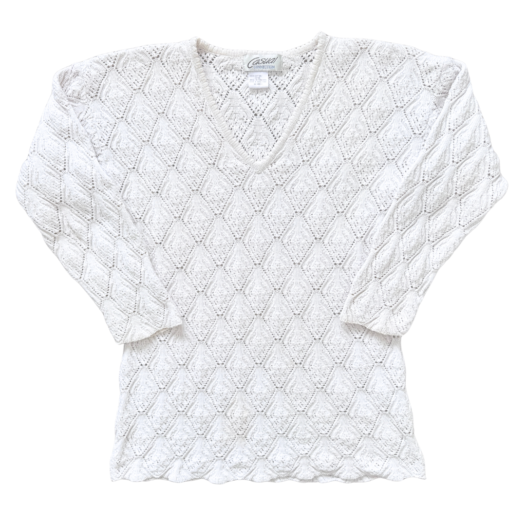 Vintage 1980s-1990s Casual Connection White Cotton Lace Knit Sweater | Medium