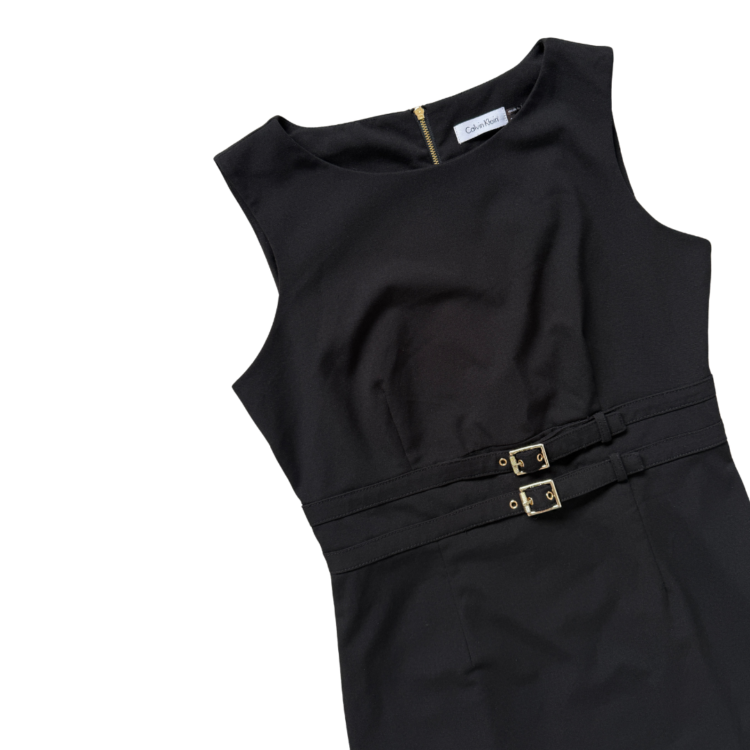 Calvin Klein Black Midi Dress with Gold Buckles | Medium