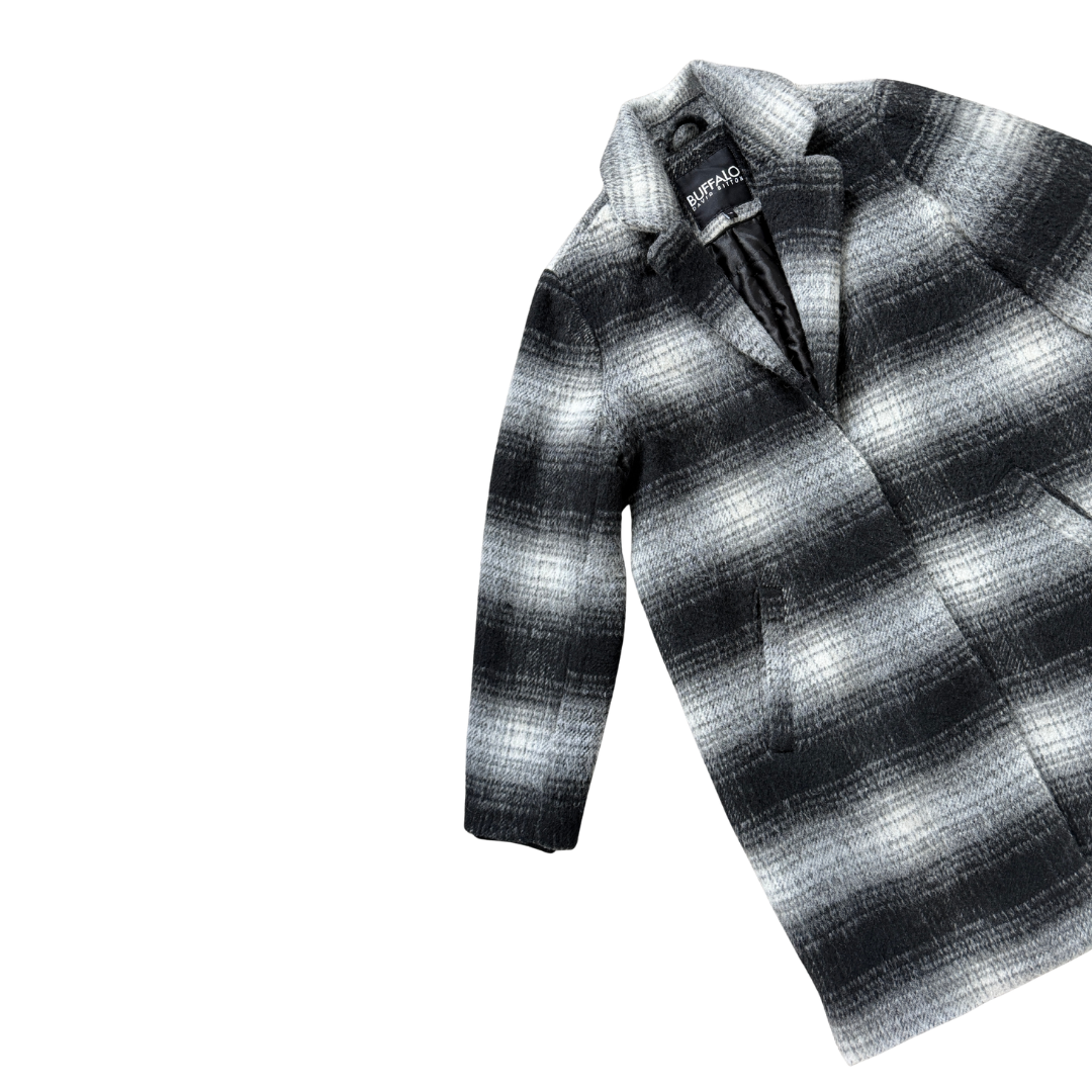 Buffalo by David Bitton Black and Grey Plaid Wool Coat | Large