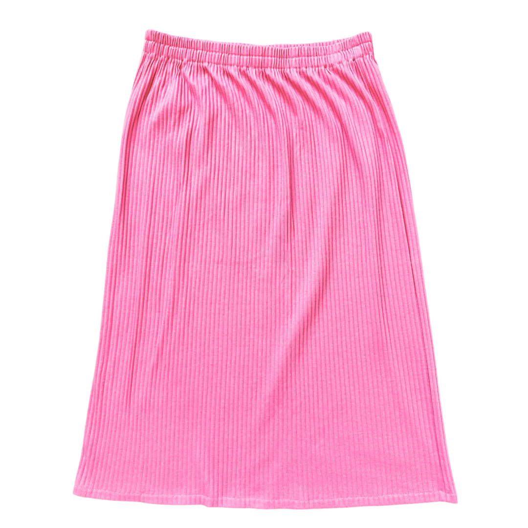 Vintage 80s Neon Pink Ribbed Jersey Midi Skirt | Medium - Large
