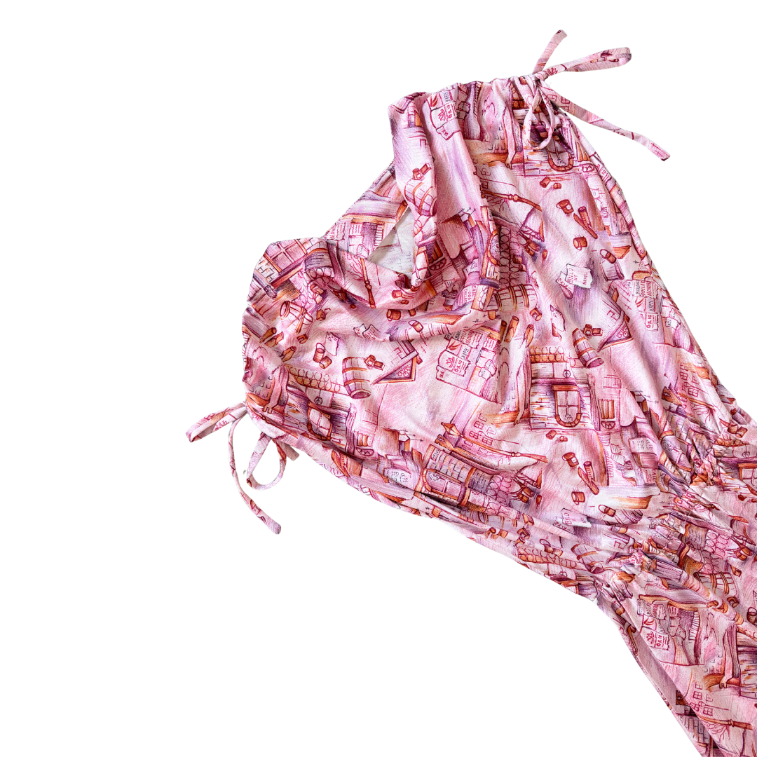 Pink Townscapes Tie-Shoulder Midi Dress | Small - Medium