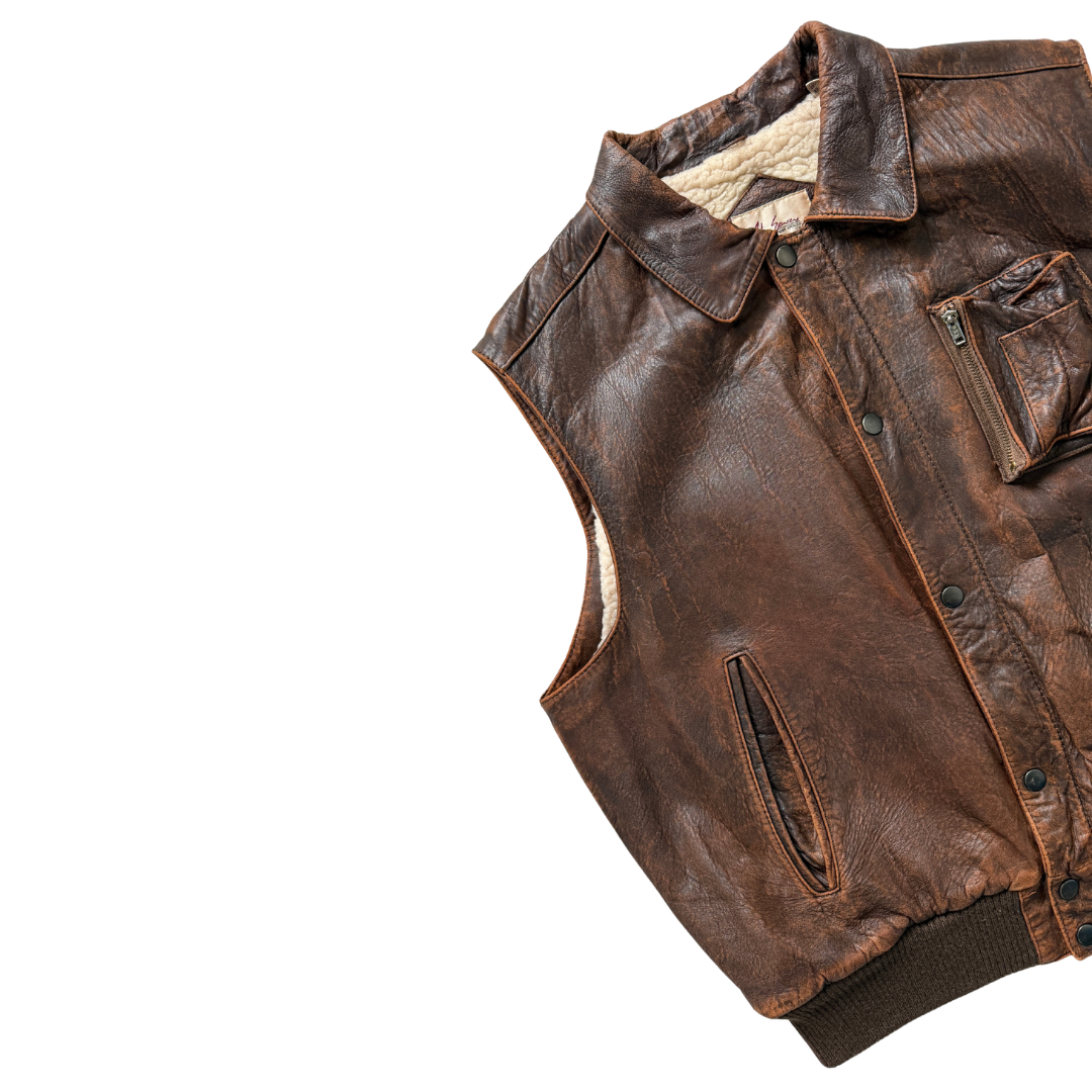 Adam Spencer Sherpa Lined Brown Leather Utility Vest | Large