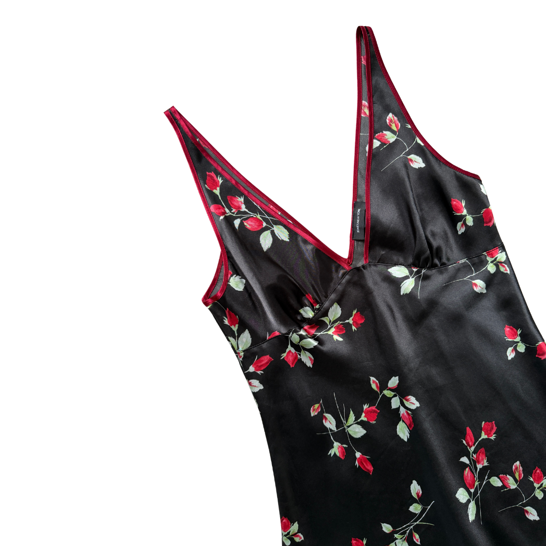 Jones New York Black Satin Maxi Dress with Roses | Medium
