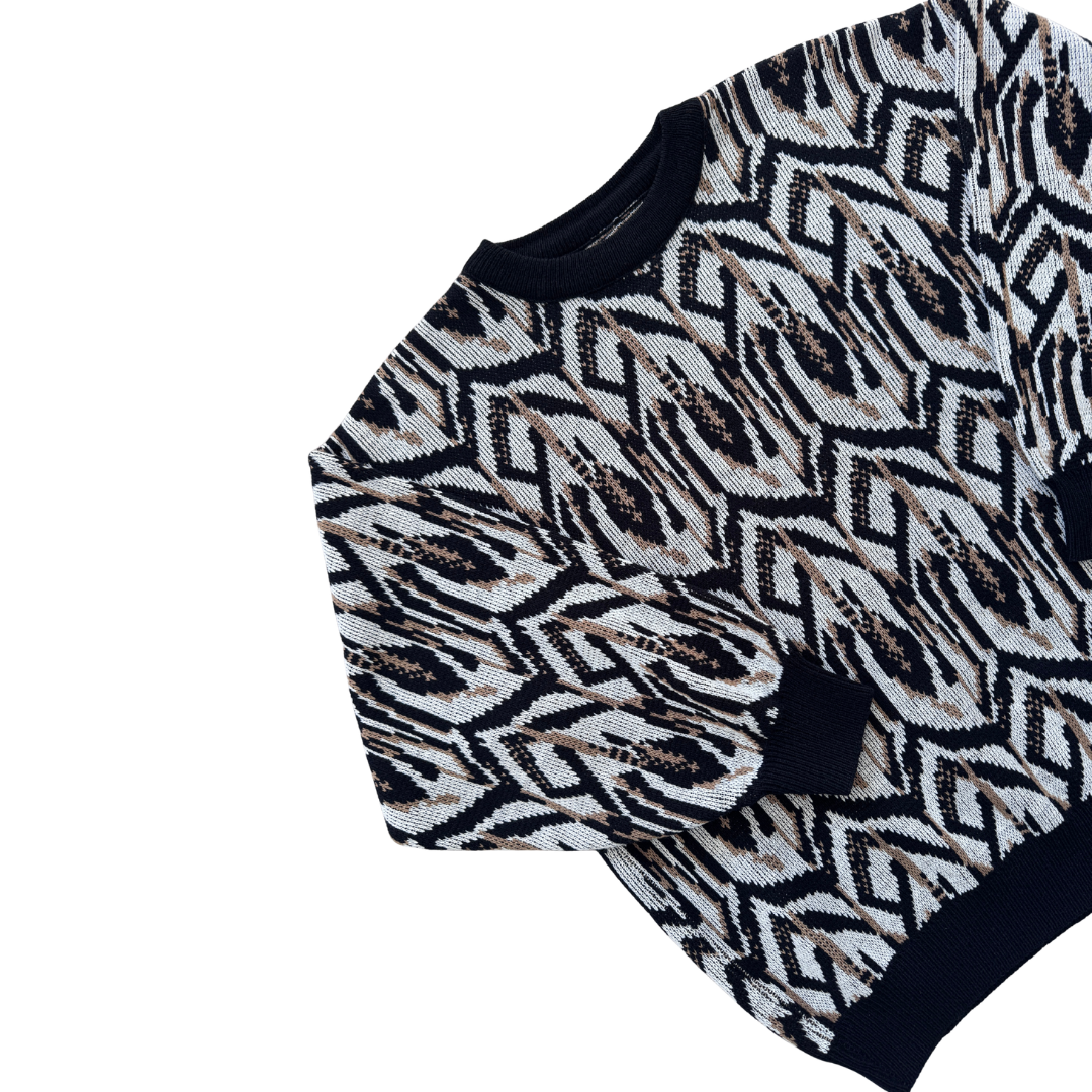Black and White Geometric Print Retro Crewneck Sweater | Medium