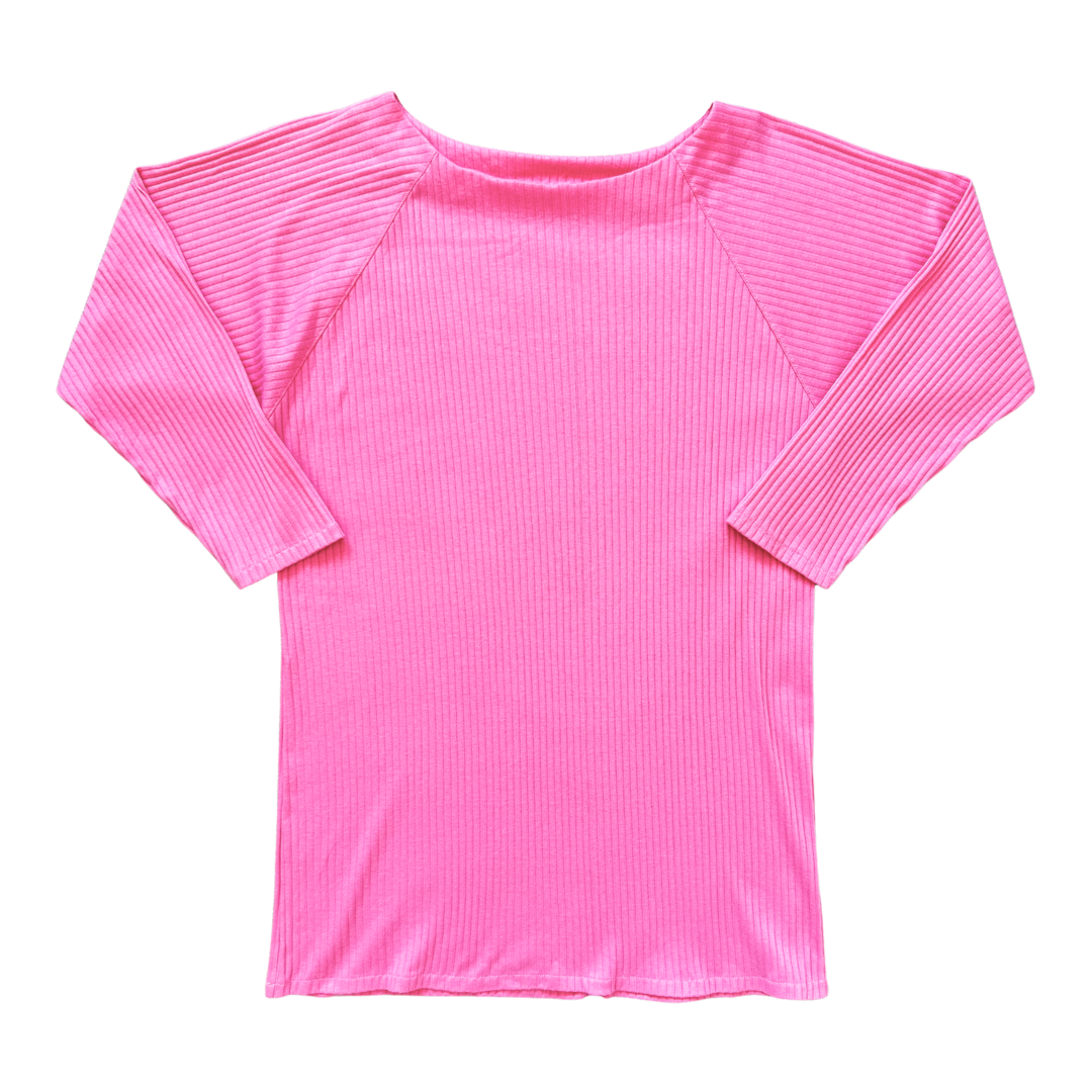Vintage 80s Neon Pink Ribbed Jersey Mini Dress | Medium - Large