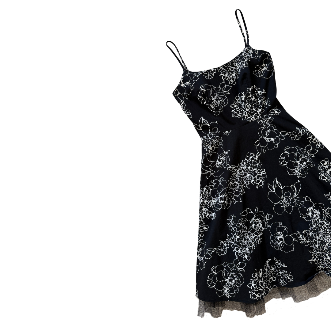 Be Smart Black and White Floral Midi Dress with Tulle Underlay | Small - Extra-Small