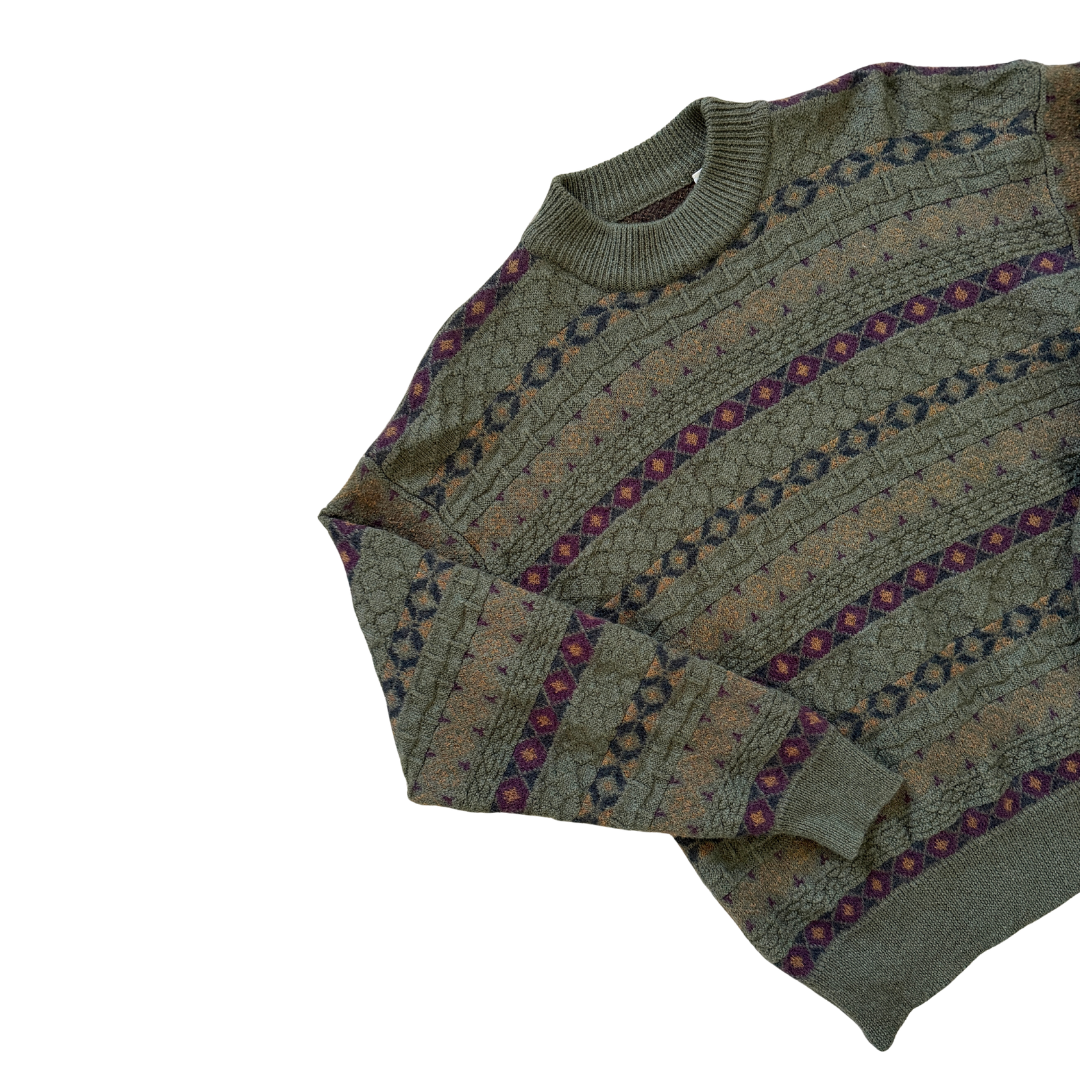 Men's Dark Green Geometric Wool Sweater | Medium