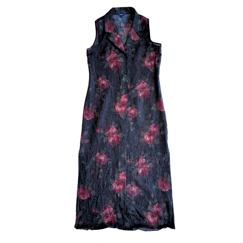 Vintage Y2K 1990s-2000s Sheer Black Rose Printed Collared Dress Overshirt | Large