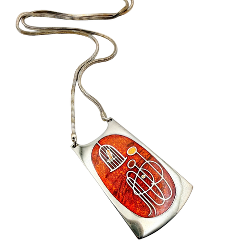 1970s De Passillé-Sylvestre Modernst Birdcage Enamel Pendant Necklace