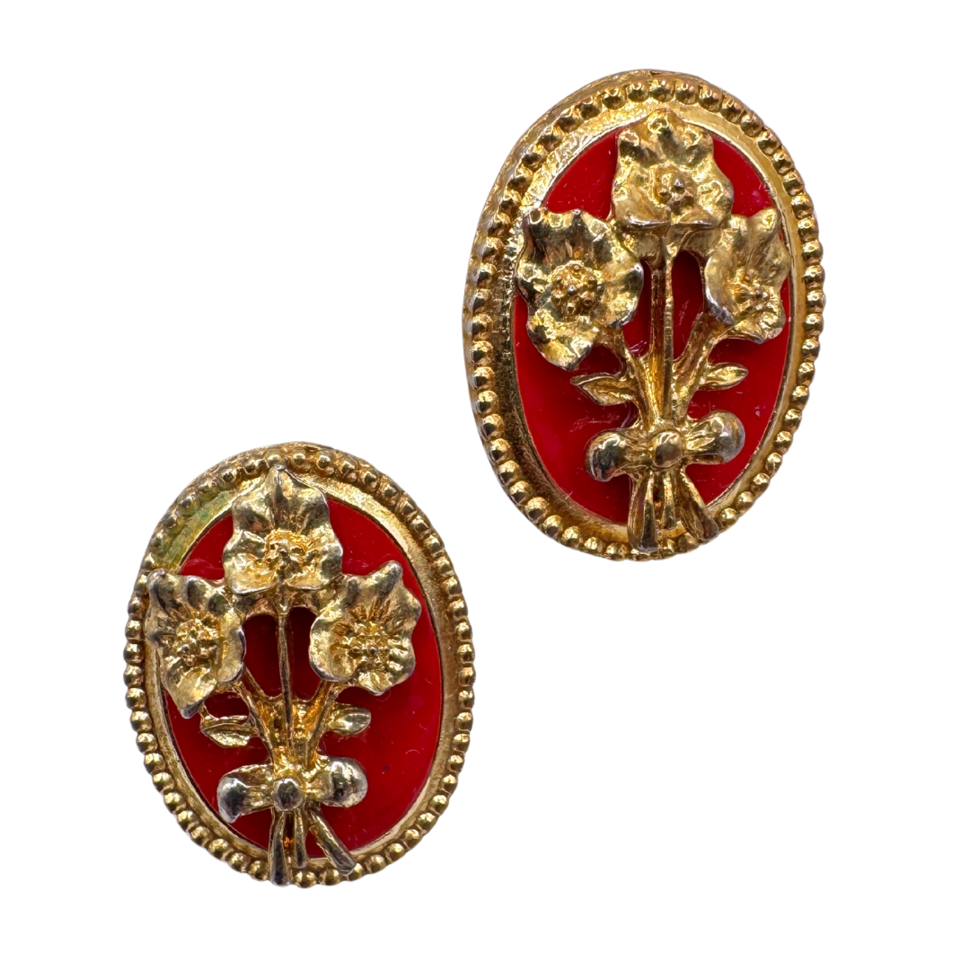Vintage Red and Gold-Tone Floral Bouquet Oval Stud Earrings 