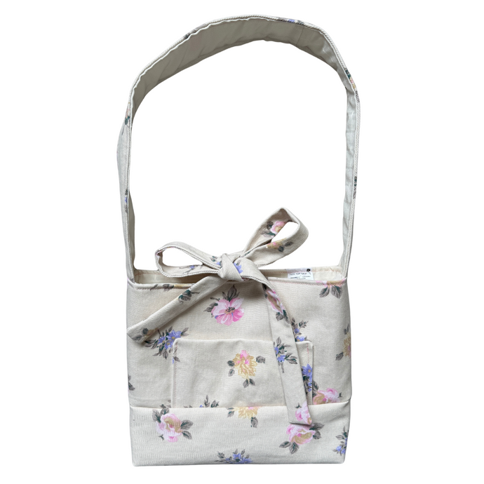 Hand-Crafted Recycled Beige Denim Bow Purse with Pink and Purple Flowers
