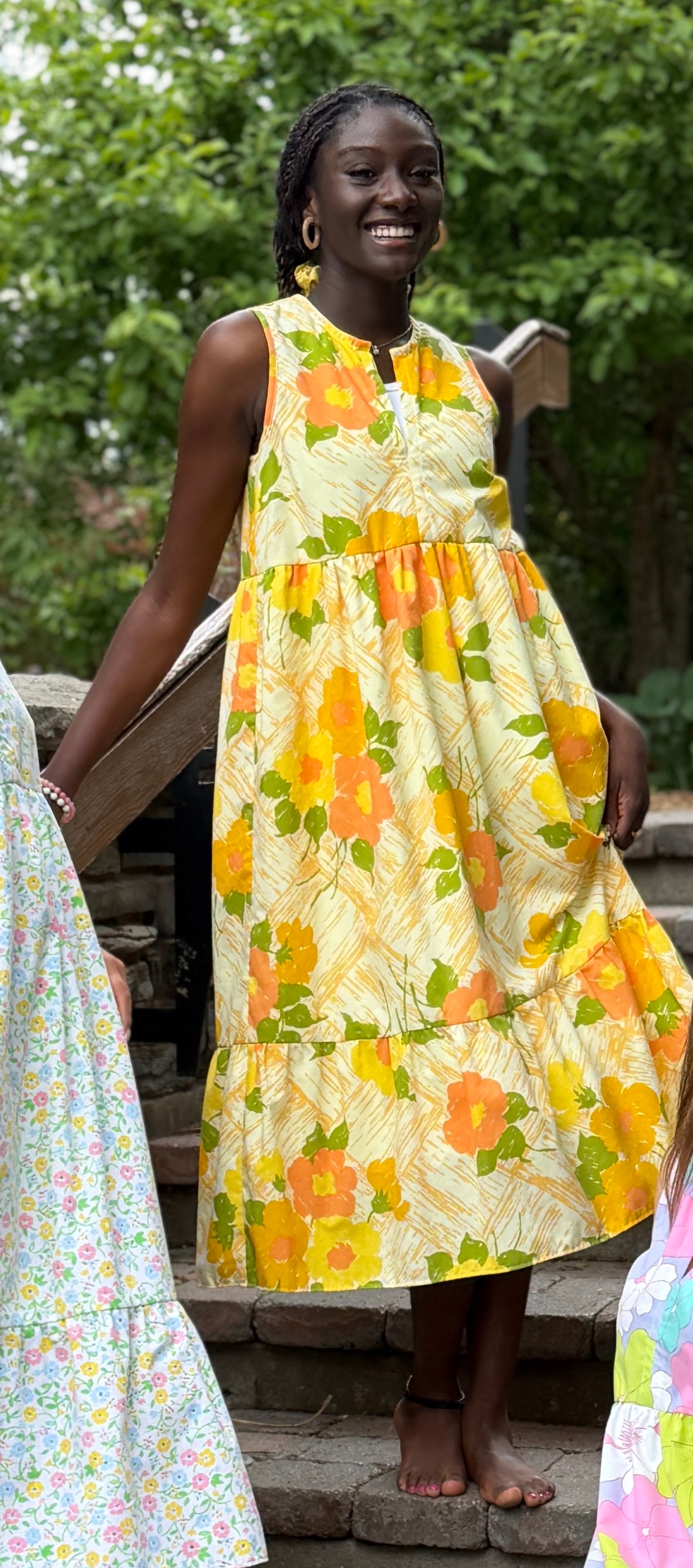 Recycled Bold Yellow and Orange Floral Ruffled Midi Play Dress | Extra-Small