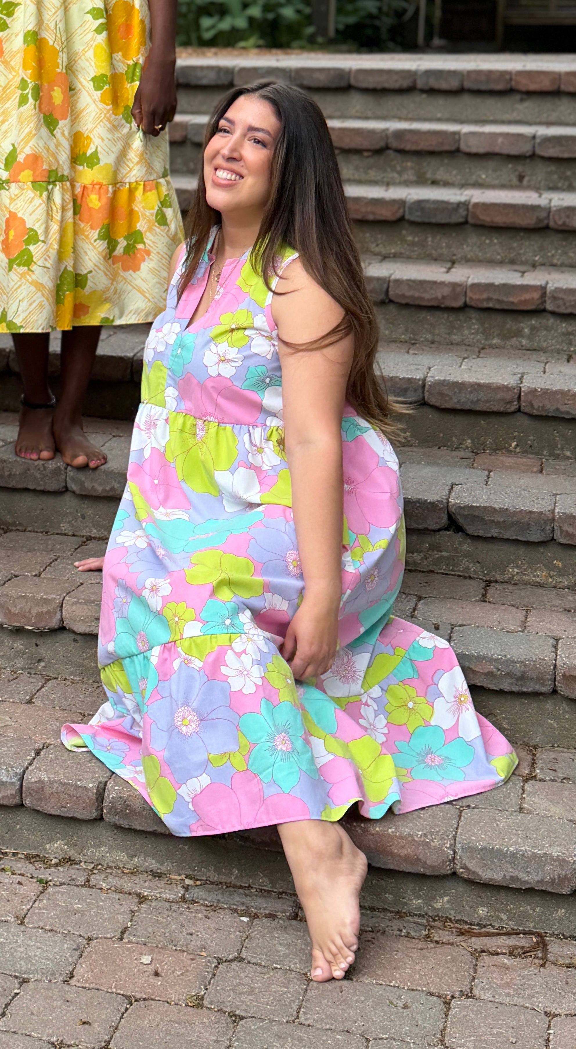 Recycled Bright Pastel Floral Ruffled Midi Play Dress | 2XL