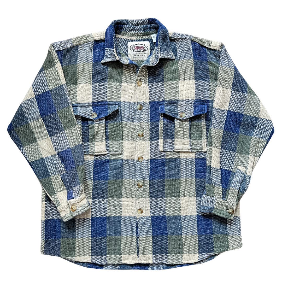 Vintage 1990s Men's International News Green and Blue Plaid Cotton Jacket / Shirt | Extra-Large