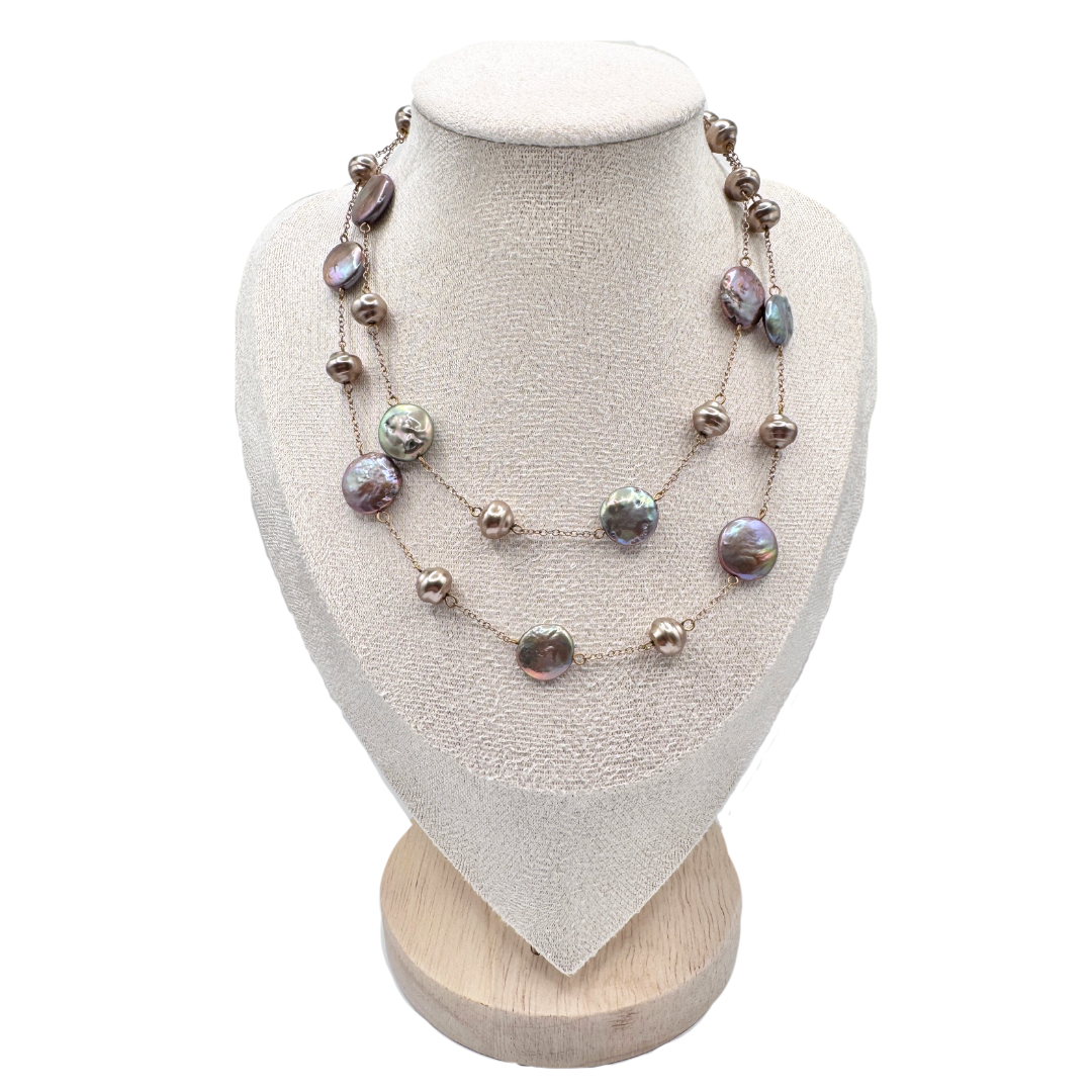 Genuine Double Stranded Freshwater Pearl Coin Necklace
