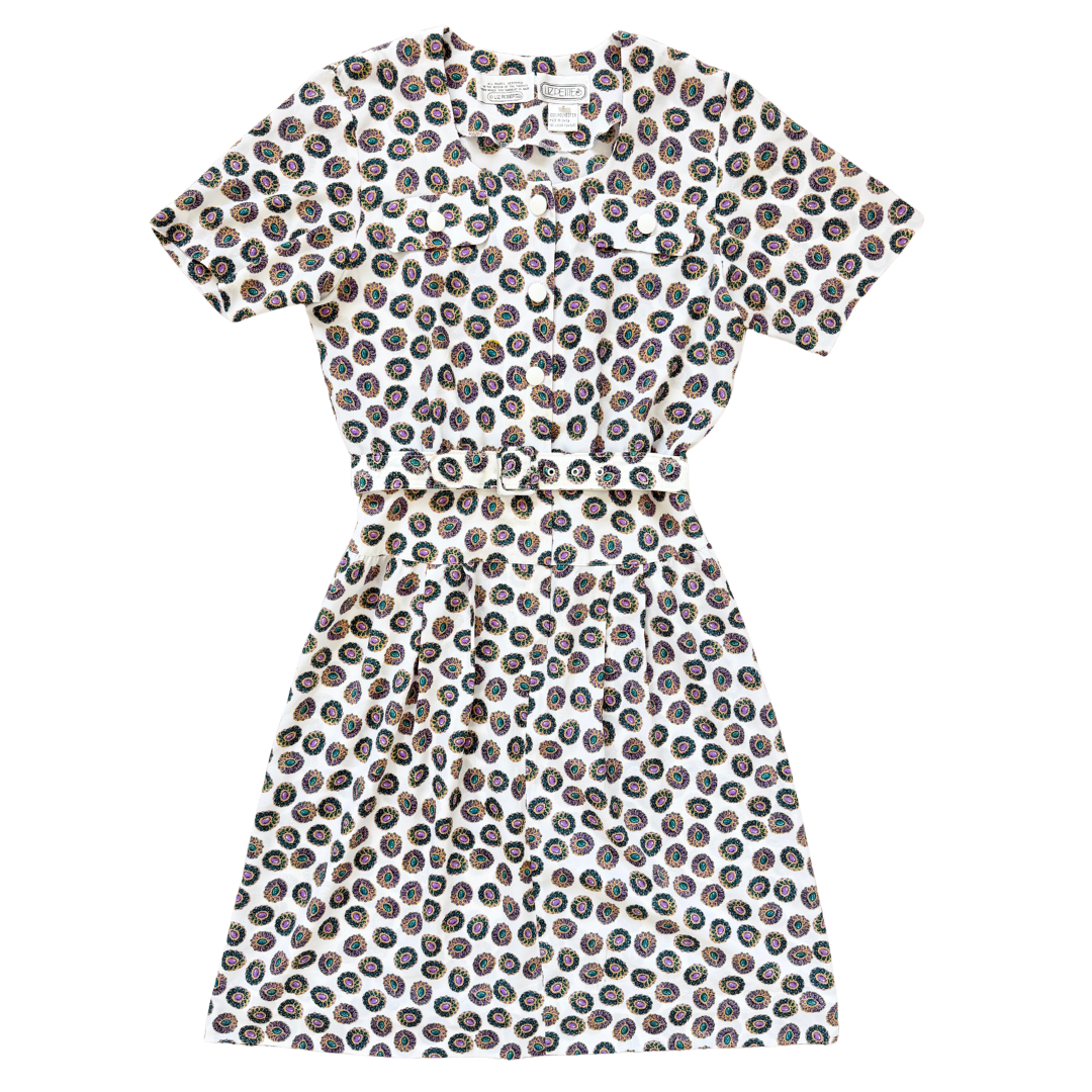 Vintage 1980s-1990s Liz Petites Jewel Print Short Sleeve Midi Shirt Dress Medium