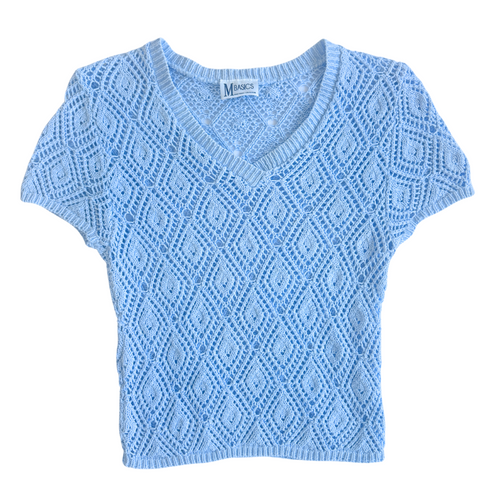 Vintage Y2K 2000s Baby Blue Lace Crochet Knit Short Sleeve Sweater | Small