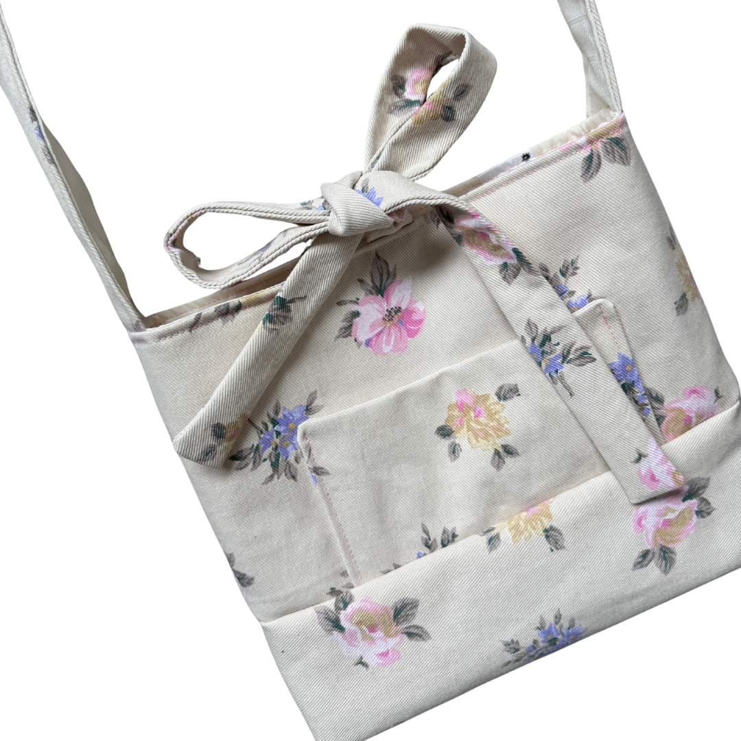 Recycled Beige Denim Bow Purse with Pink and Purple Flowers