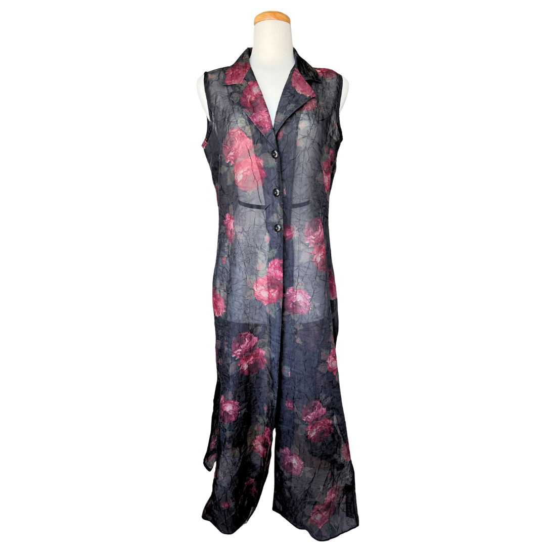 Sheer Black Rose Printed Collared Dress Overshirt | Large