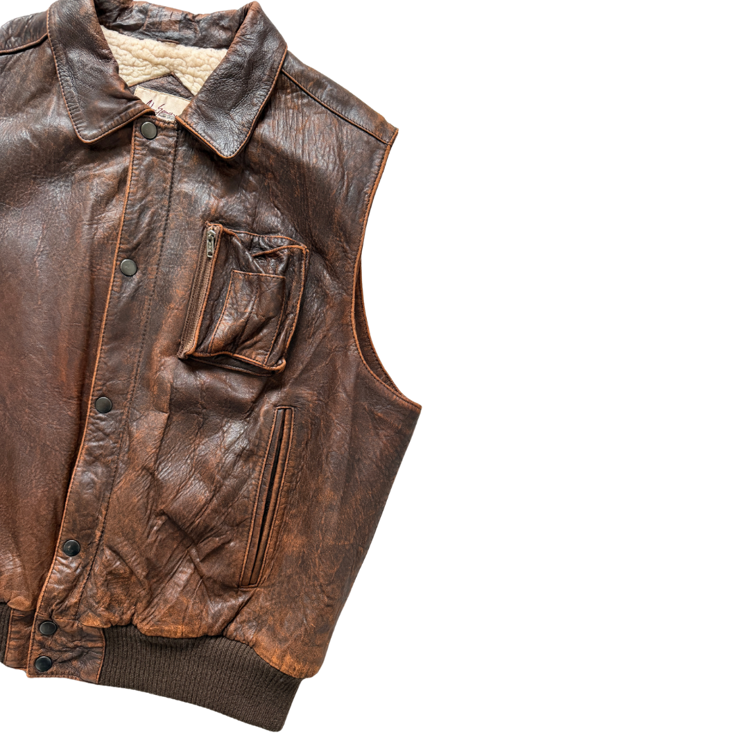 Adam Spencer Sherpa Lined Brown Leather Utility Vest | Large