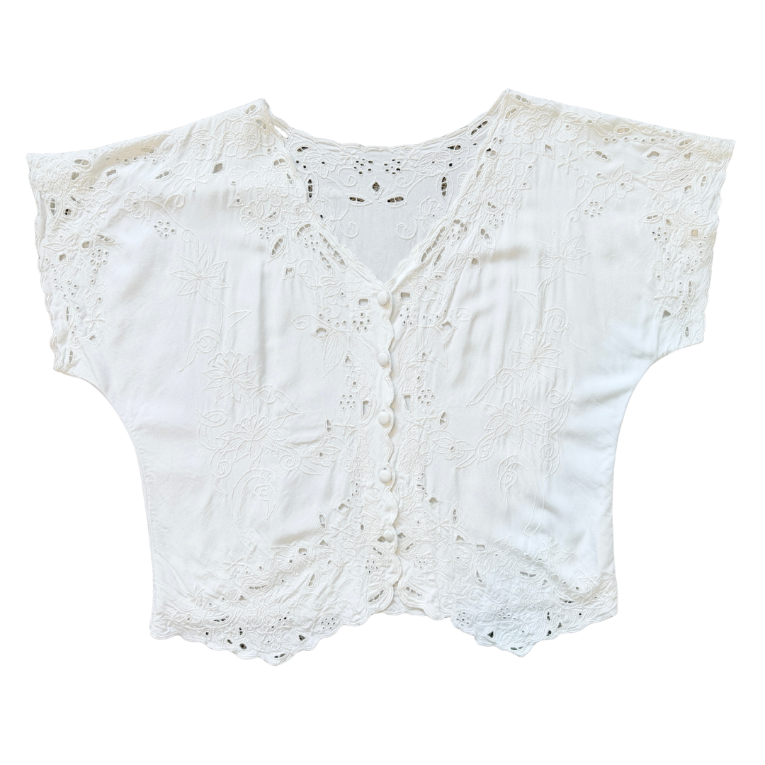 Vintage Yaya 80s-90s  White Floral Lace Cutout Blouse | Medium - Large
