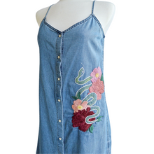 Load image into Gallery viewer, Up-cycled Snake and Flowers Denim Dress | M
