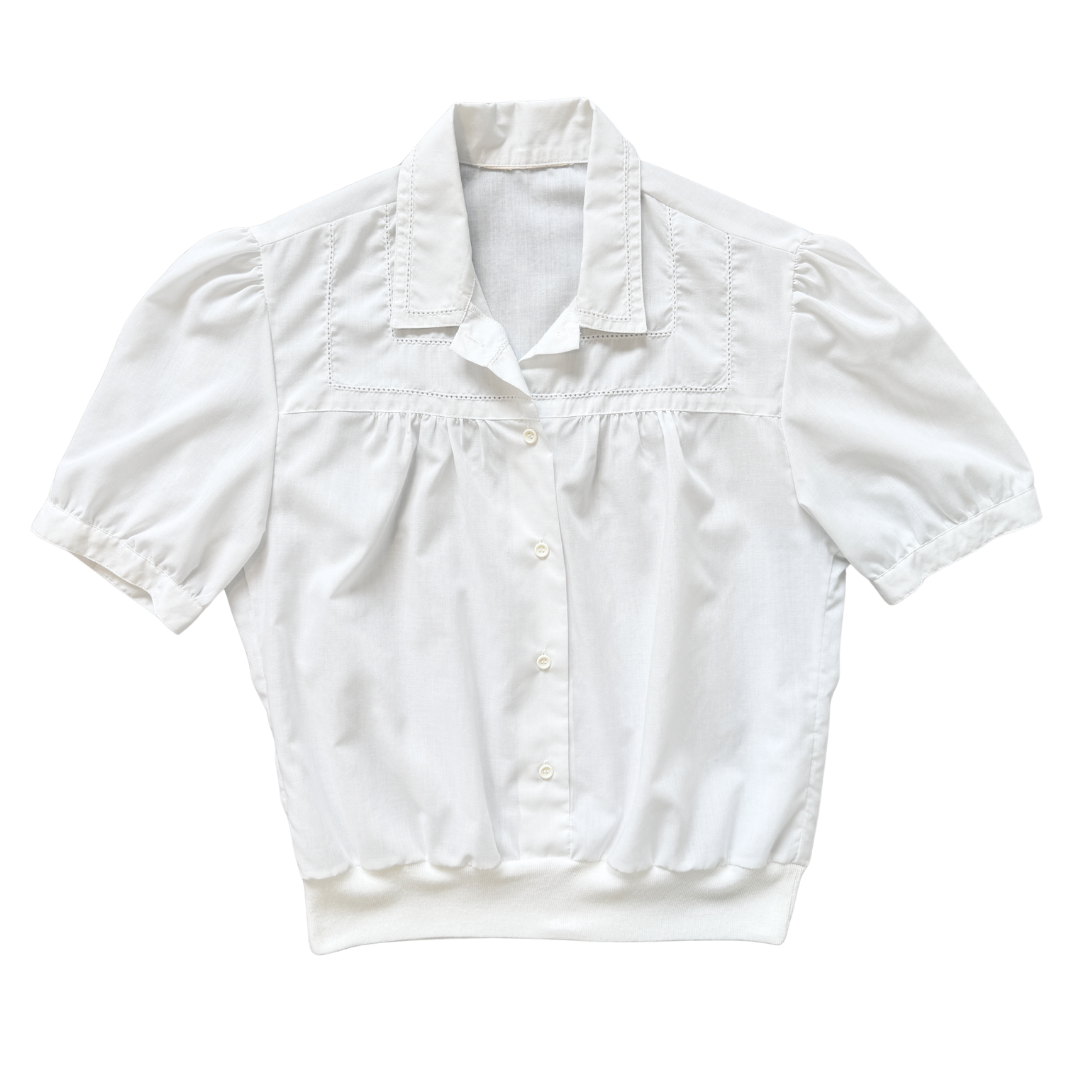 Vintage 100% Cotton White Lace Stitched Collared Blouse with Fitted Jersey Hem Small