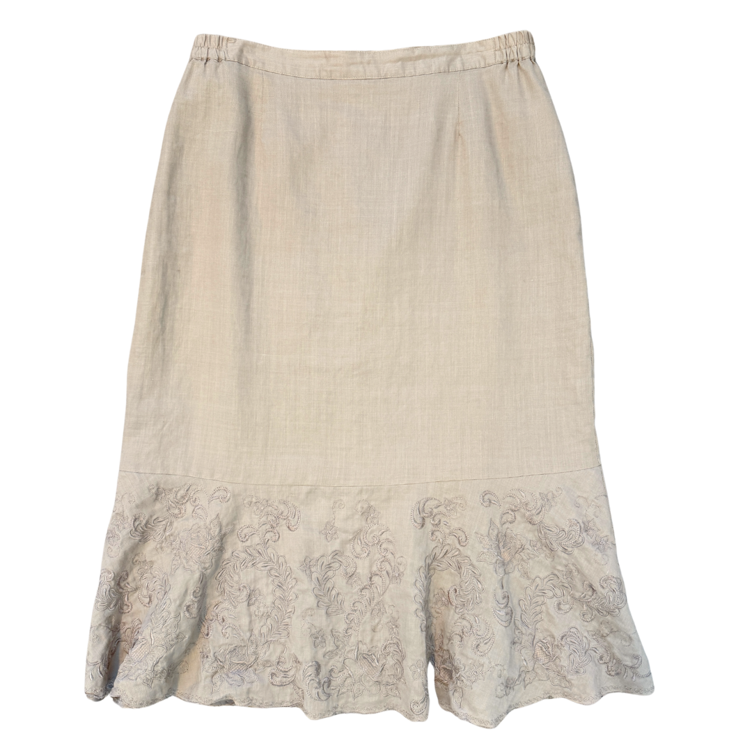 Vintage 90s Beige Floral Embroidered Ruffle Hem Skirt | Large / Extra-Large